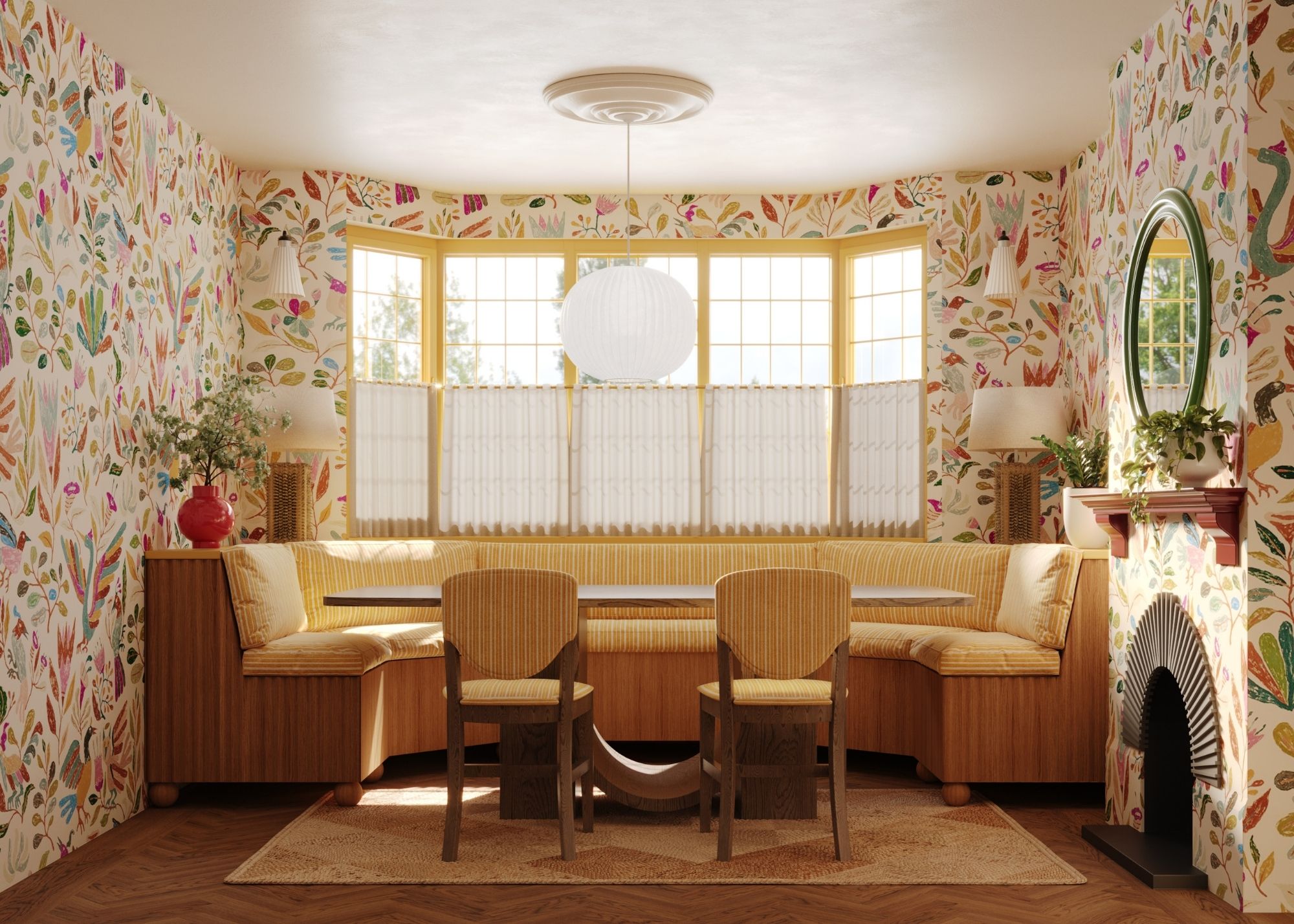 A dining nook with colorful floral wallpaper, yellow banquette seating, and yellow window trim.
