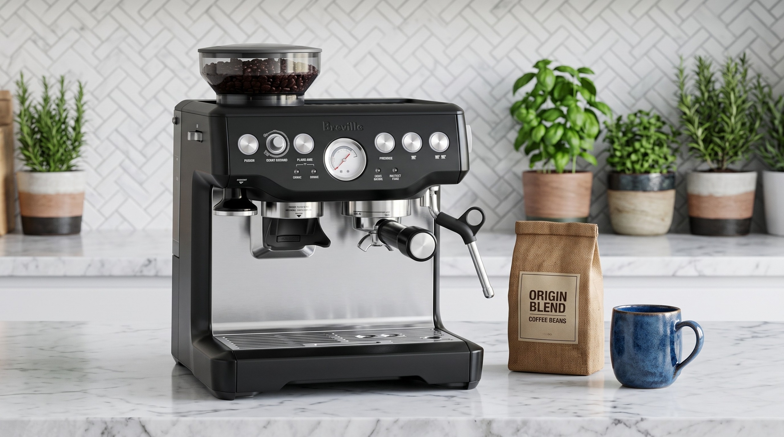 Breville Barista Express coffee machine in charcoal colour on a kitchen counter, next to a bag of coffee beans and a coffee mug. 