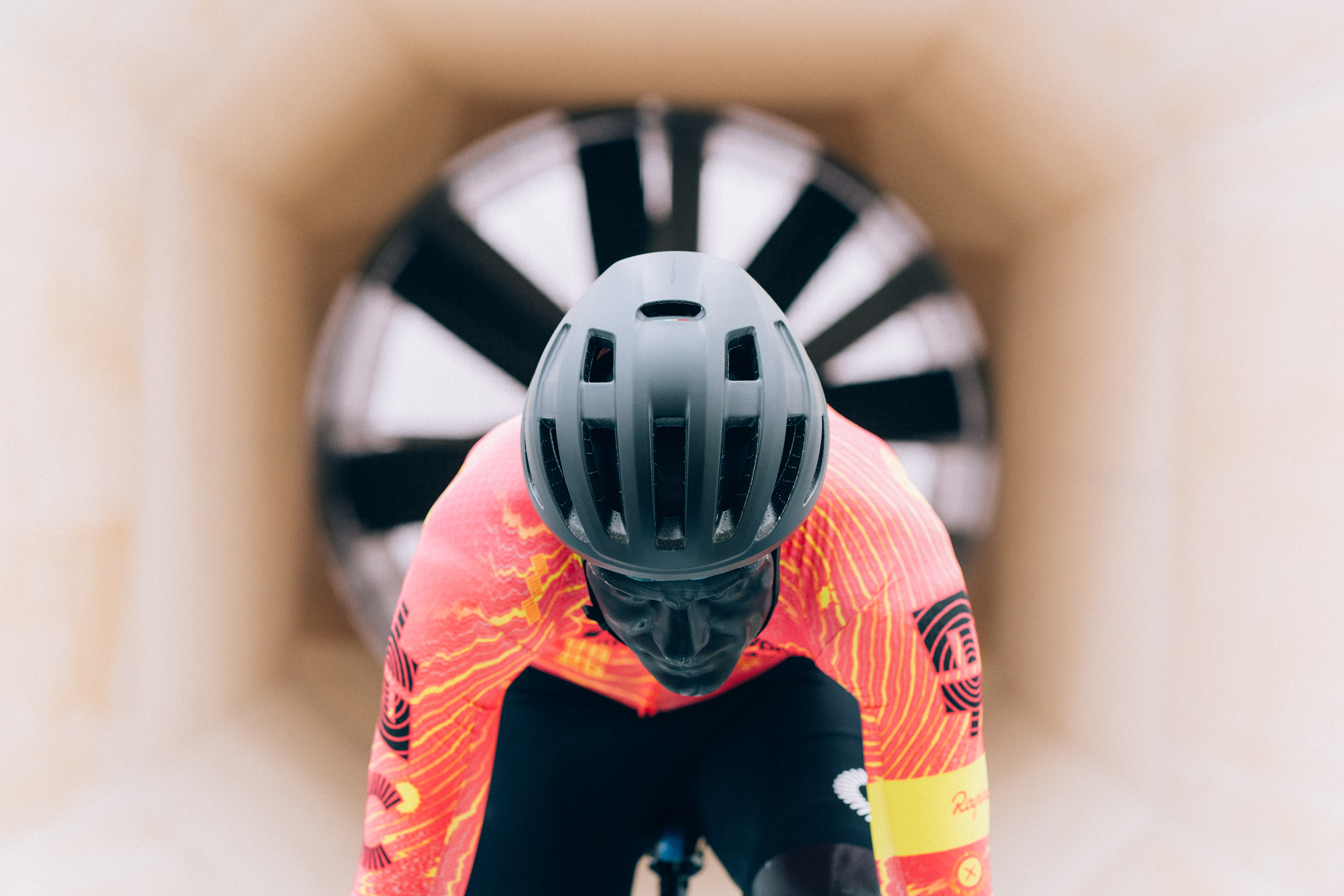 A close up of helmets being tested in the wind tunnel