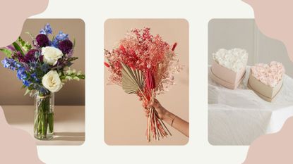 Three flower arrangements from the best flower delivery services in the US, side-by-side on a white collage background with light pink borders