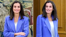 Composite of two pictures of Queen Letizia wearing a blue suit and white T-Shirt as she attends several audiences at the Zarzuela Palace in July 2024