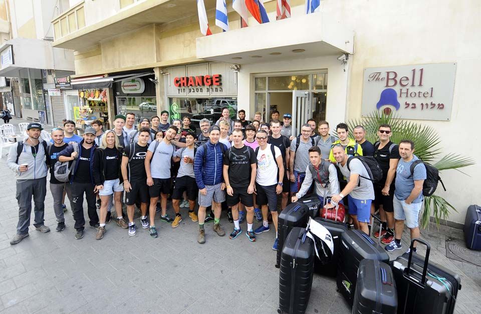 The riders and staff from the Israel Cycling Academy before the start of their walk to Jerusalem