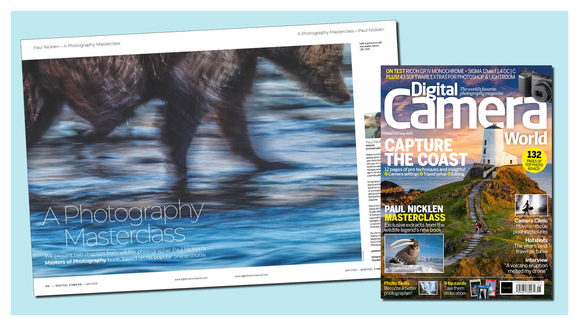 Opening two pages of the Paul Nicklen: A Photography Masterclass extract in issue 307 (May 2026) of Digital Camera magazine, and a front cover image of the magazine
