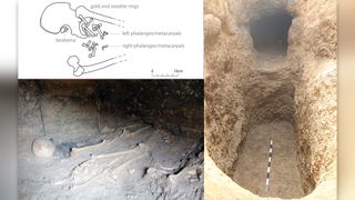 Tomb with human skeletal remains, a large tunnel dug in a tomb, and an illustration of a hip bone.