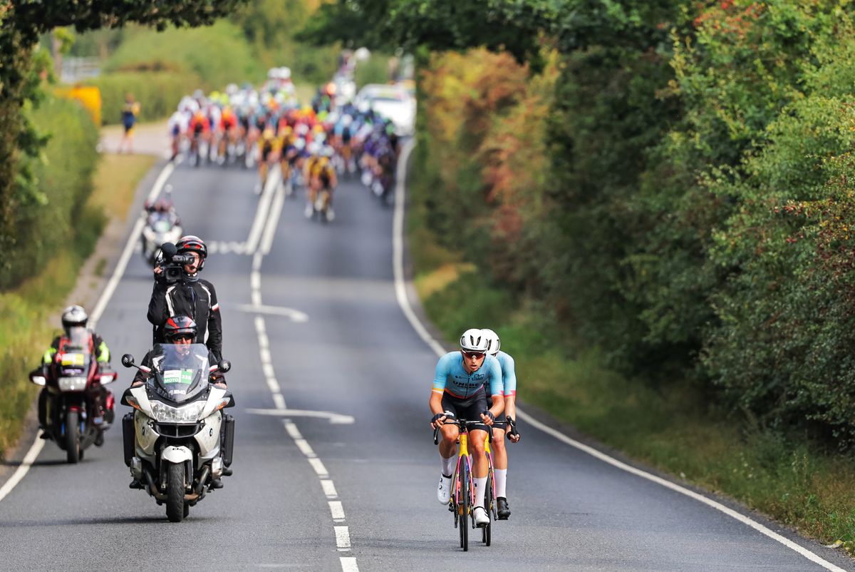 Picture by Alex Whitehead/SWpix.com - 08/09/2023 - Cycling - 2023 Tour of Britain - Stage 6: Southend-on-Sea to Harlow (146.2km) - Hartthijs de Vries of Team TDT Unibet Cycling, Abram Stockman of Team TDT Unibet Cycling in the breakaway