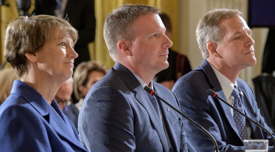 Former astronaut Terry Virts (center), speaking on a panel at the National Space Council meeting at the White House June 18, 2018, argued against pursuing the Lunar Orbital Platform-Gateway.