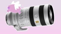 Fake Sony 14-800mm f/0.5 lens with flying pig on a pink background 