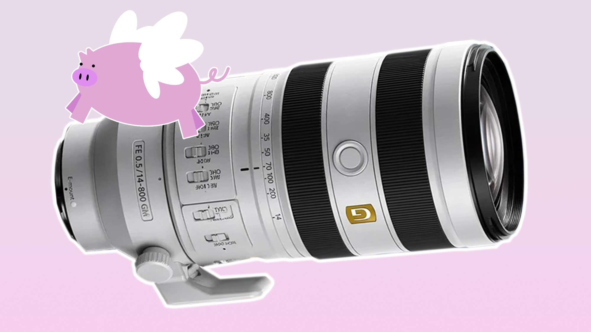 Fake Sony 14-800mm f/0.5 lens with flying pig on a pink background 