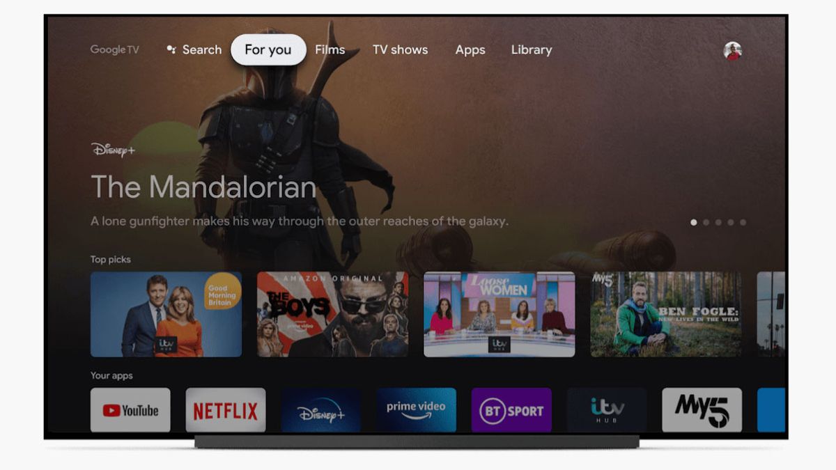 Google TV home screen on a large TV