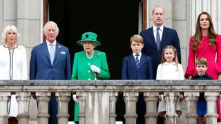 Camilla, Duchess of Cornwall, Prince Charles, Prince of Wales, Queen Elizabeth II, Prince George of Cambridge, Prince William, Duke of Cambridge, Princess Charlotte of Cambridge, Prince Louis of Cambridge and Catherine, Duchess of Cambridge stand on the balcony of Buckingham Palace