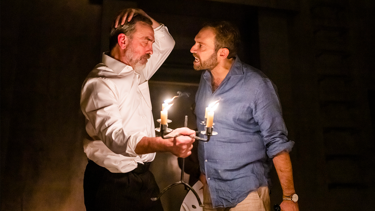 Adrian Schiller as Shylock and Ben Caplan as Solanio