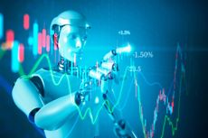 Abstract image of AI robot pointing at a digitized stock bar chart