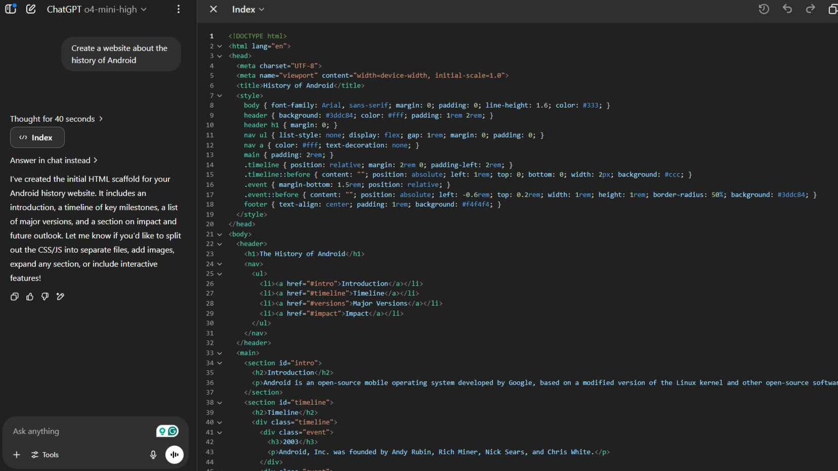 ChatGPT code from basic prompt to create Android History website