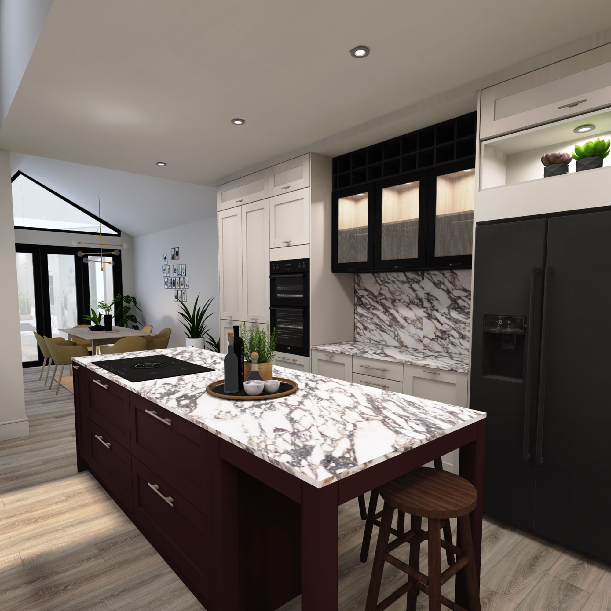 CGI rendering of kitchen with island and skylights
