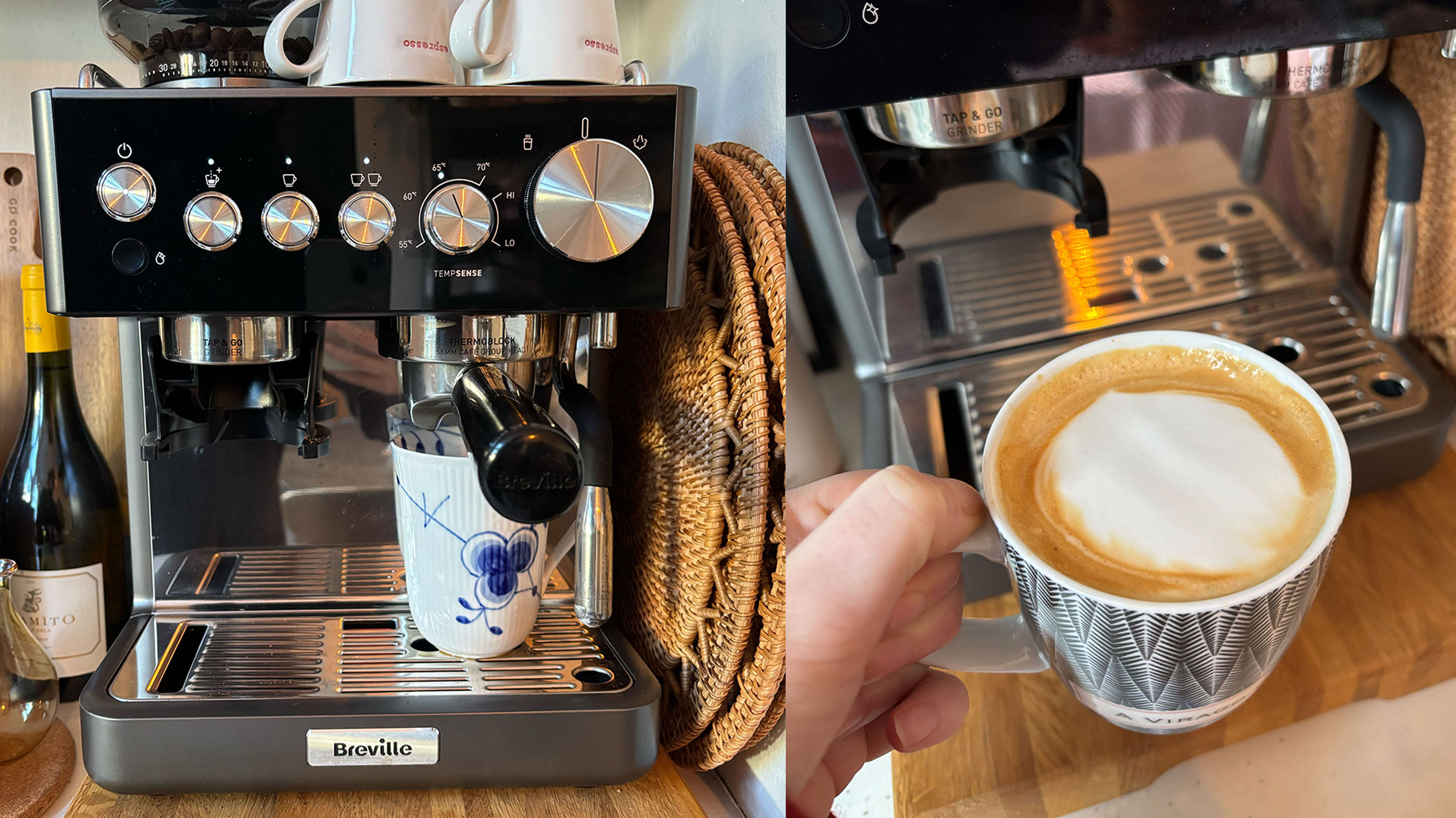 Split screen with a coffee machine in a kitchen and a latte in a blue cup
