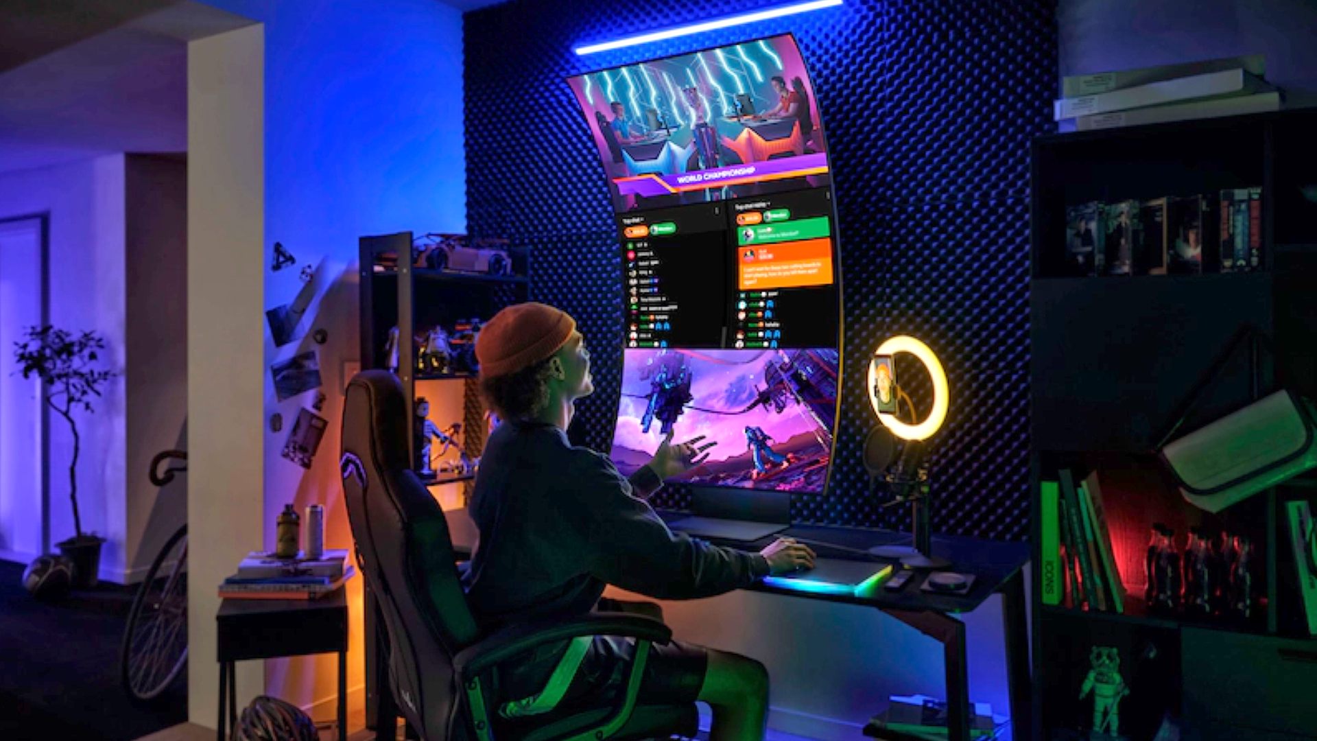 Gamer using Samsung Odyssey Ark in cockpit mode