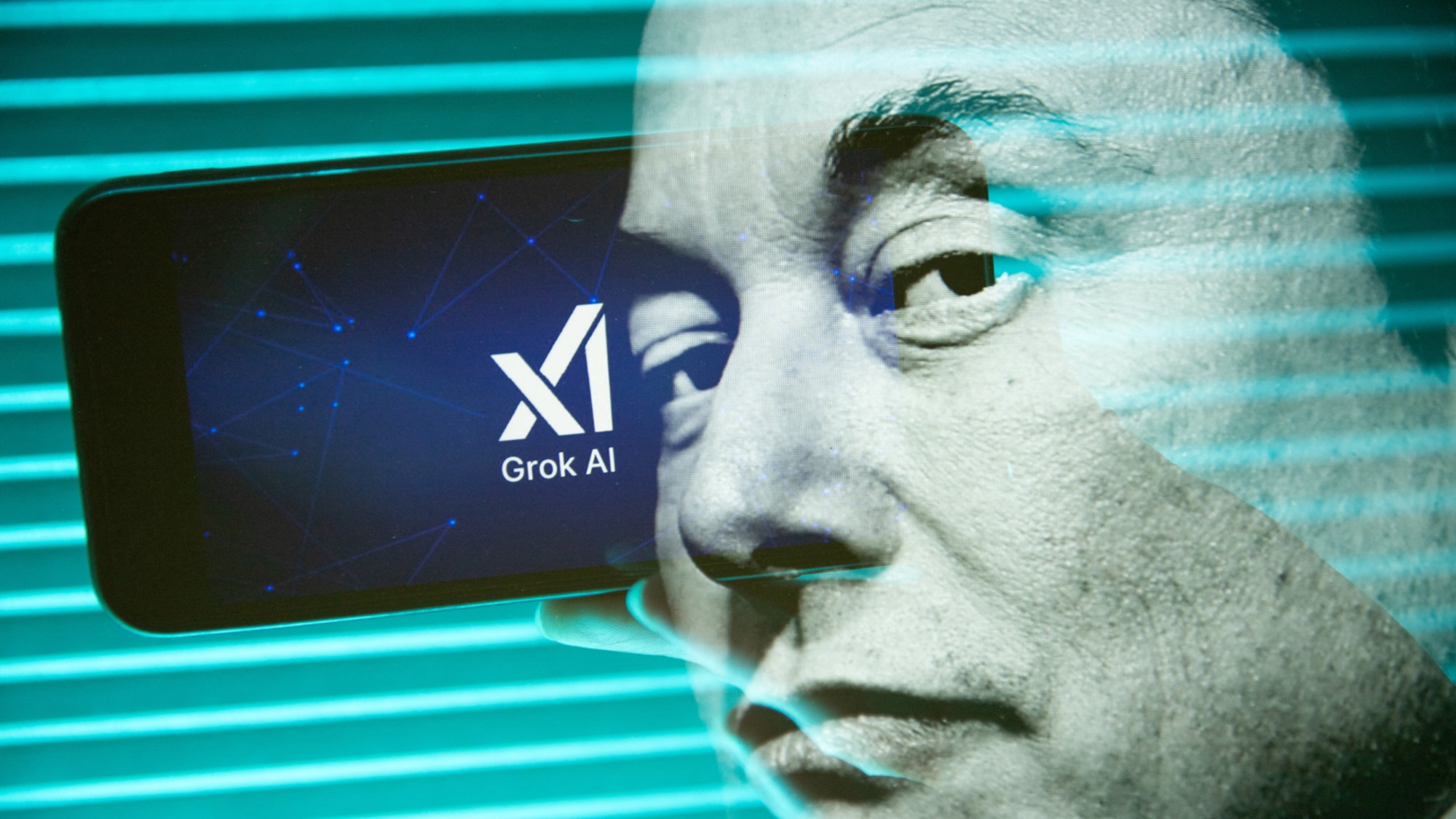 Double exposure photograph of Elon Musk and a person holding a telephone displaying the grok artificial intelligence logo