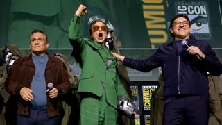 Joe Russo, Robert Downey Jr. and Anthony Russo speak onstage during the Marvel Studios Panel in Hall H at SDCC in San Diego, California in July 2024