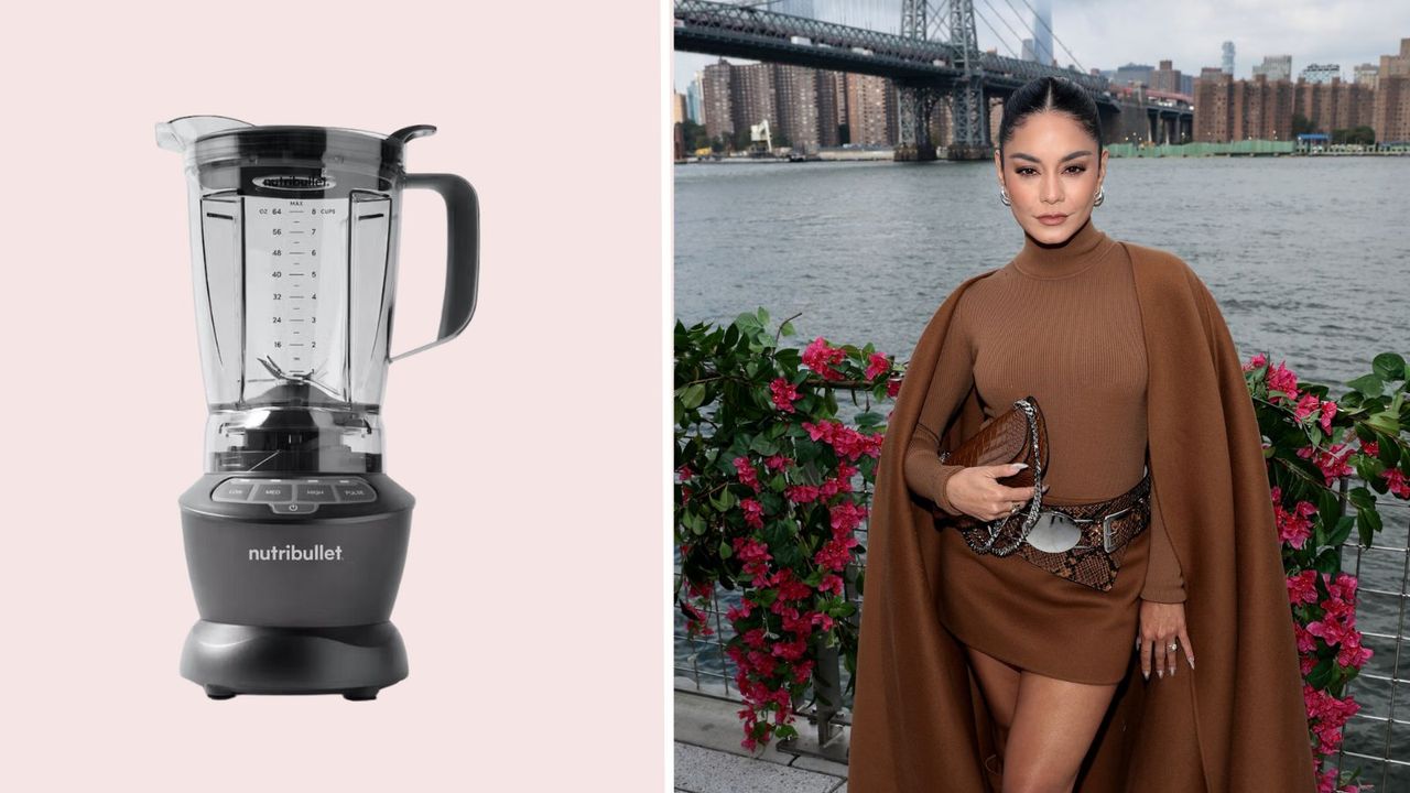 Vanessa Hudgens&#039; blender, a nutribullet, in grey on a pink background next to a pic of the star along the water in New York City in a camel-colored outfit near pink roses