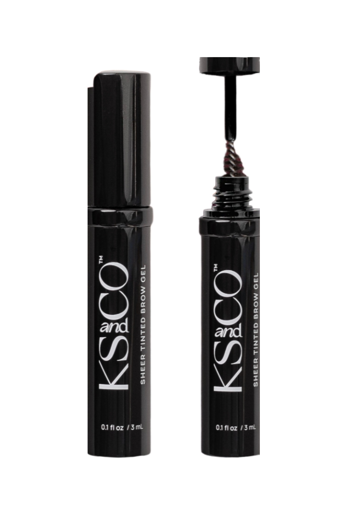 a black tube of tinted brow gel with white writing next to the spoolie top
