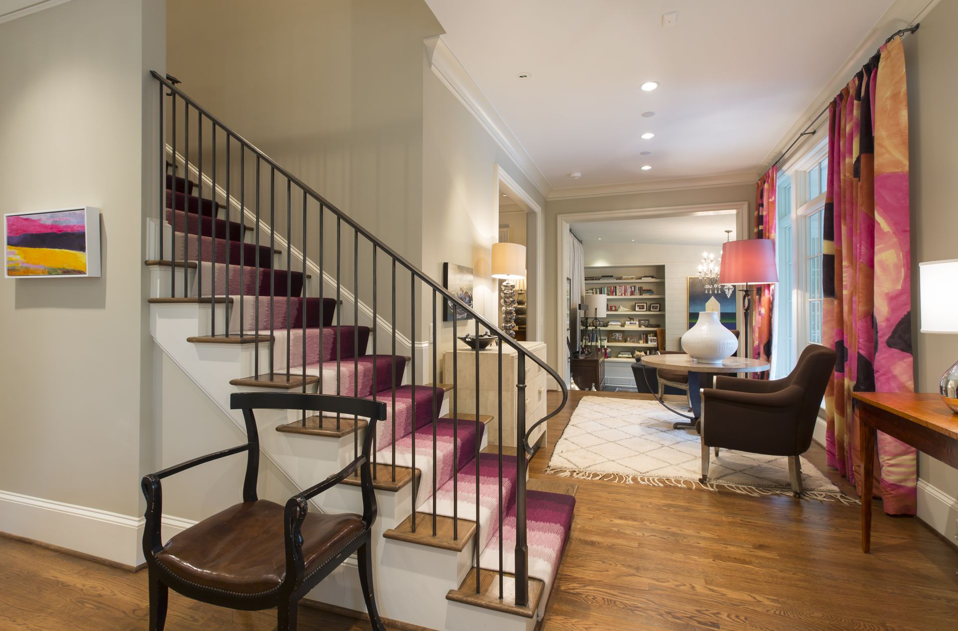 purple to white gradient stair carpet, white wardrobe