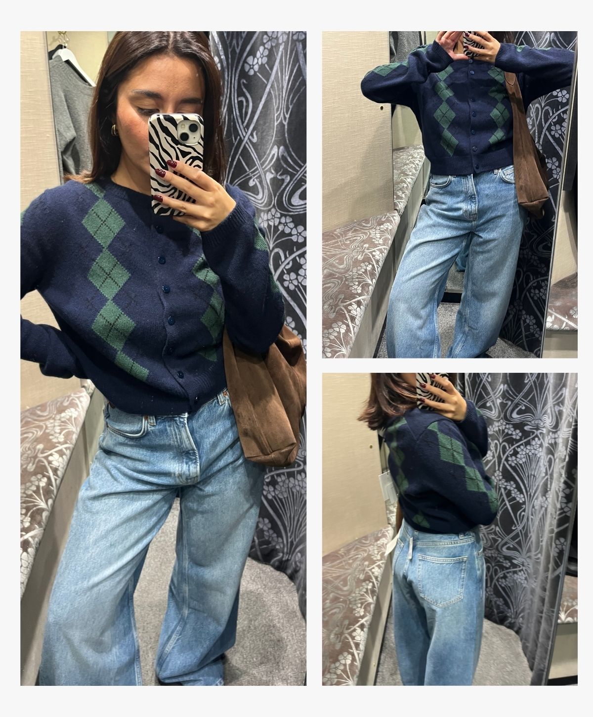 Senior Shopping Editor Marina Avraam wearing Reformation's wide-leg jeans with a blue and green argyle jumper.