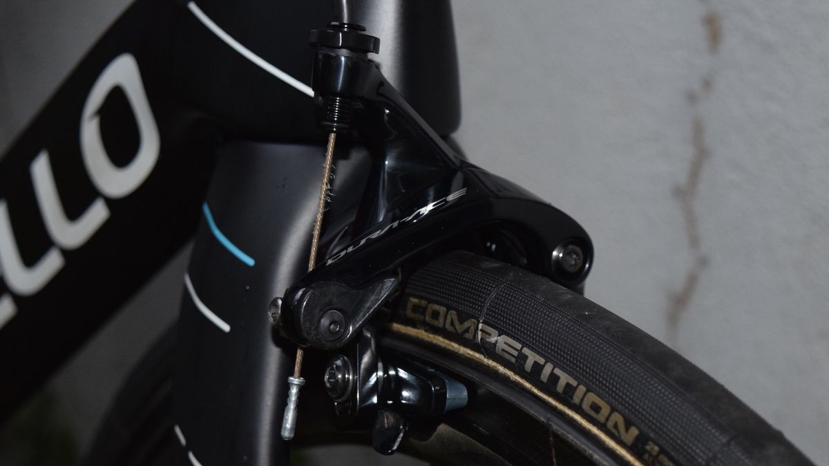 A closer look at the front brake, with carbon specific brake pads