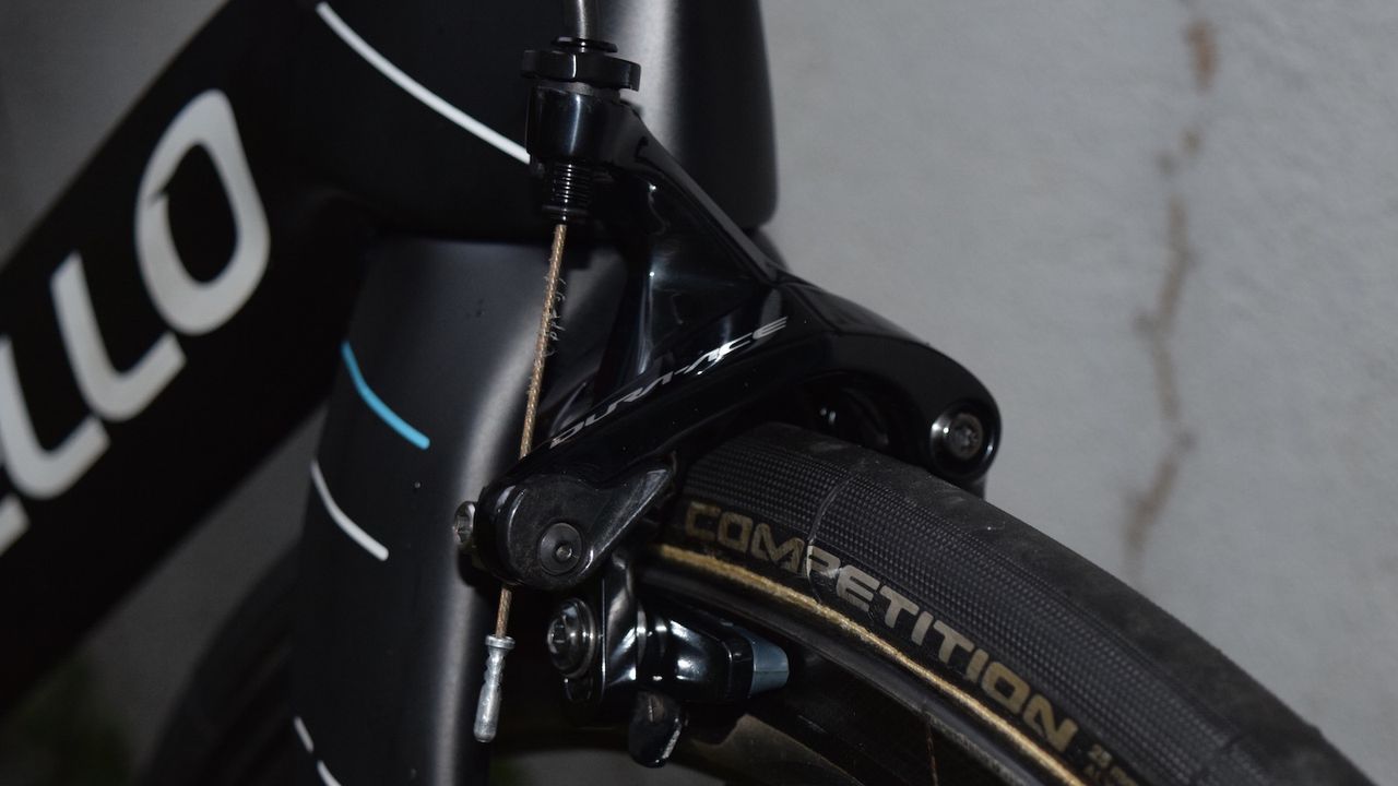 A closer look at the front brake, with carbon specific brake pads