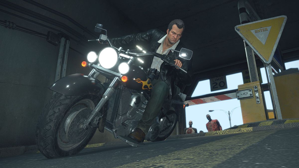 Frank Wet riding a motorbike in a screenshot from Dead Rising Deluxe Remaster