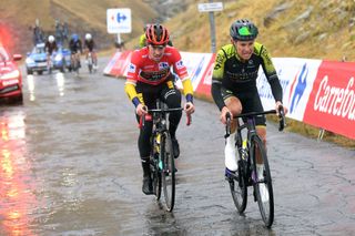 SALLENT DE GLLEGO SPAIN OCTOBER 25 Johan Esteban Chaves Rubio of Colombia and Team Mitchelton Scott Primoz Roglic of Slovenia and Team Jumbo Visma Red Leader Jersey Breakaway during the 75th Tour of Spain 2020 Stage 6 a 1464km stage from Biescas to Sallent de Gllego Aramn Formigal 1790m lavuelta LaVuelta20 La Vuelta on October 25 2020 in Sallent de Gllego Spain Photo by David RamosGetty Images
