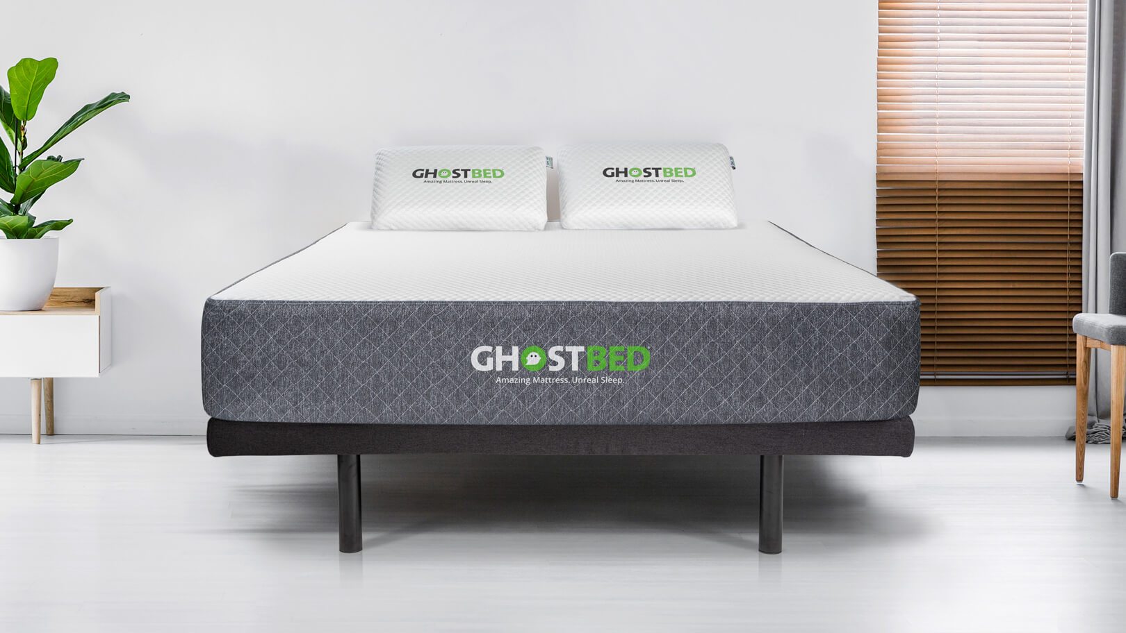 GhostBed discount codes, sales and deals: Image shows the GhostBed Classic mattress on a black bed base