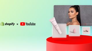 Shopify and YouTube logo with image of a woman selling beauty products