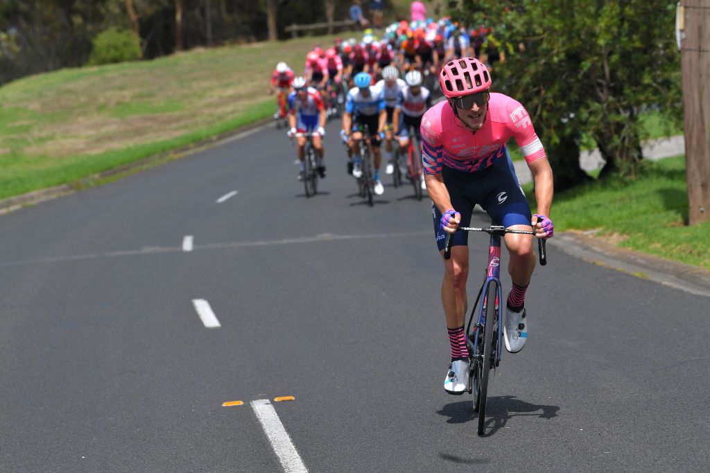 EF Pro Cycling’s Jonas Rutsch is chased down by the main field after going on the attack at the 2020 Cadel Evans Great Ocean Road Race