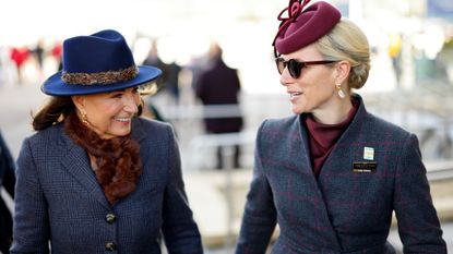 Carole Middleton and Zara Tindall attend day 2 'Ladies Day' of the Cheltenham Festival at Cheltenham Racecourse on March 11, 2026