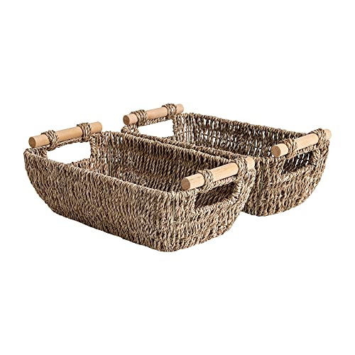 Storageworks Woven Storage Baskets for Shelves, Seagrass Shelf Storage Baskets, Woven Box Organiser With Wooden Handles, Small Narrow Wicker Bathroom Storage for Organising, Natural Seagrass, 2-Pack