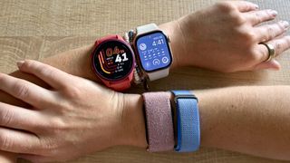 a photo of the fitbit air, garmin cirqa, oura ring 5, apple watch 11 and garmin forerunner 170