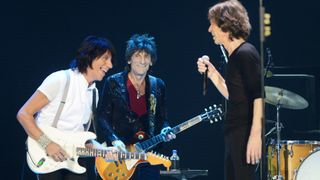 Jeff Beck, Ronnie Wood, Mick Jagger and Charlie Watts of the Rolling Stones perform at 02 Arena on November 25, 2012 in London.