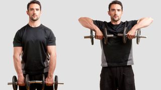 Personal trainer performing an upright row using two dumbbells against grey backdrop