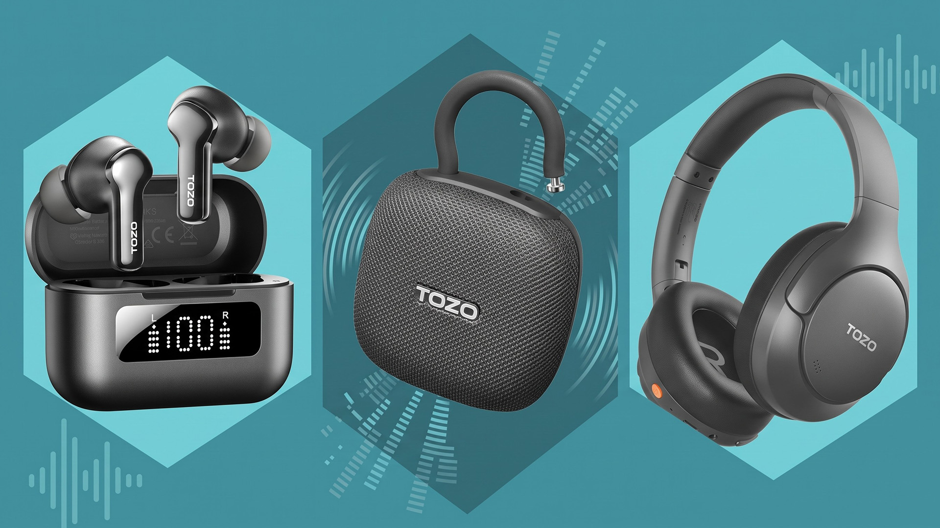 A selection of Tozo headphones and speakers.