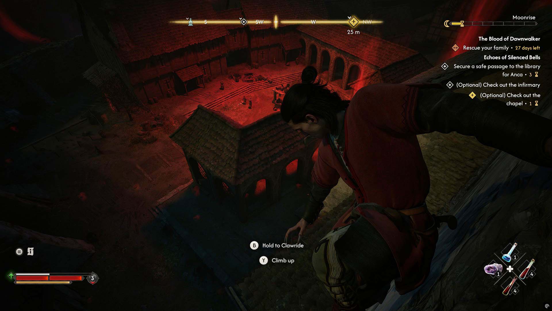 Coen hangs off the belltower in St Tryna's Convent in The Blood of Dawnwalker