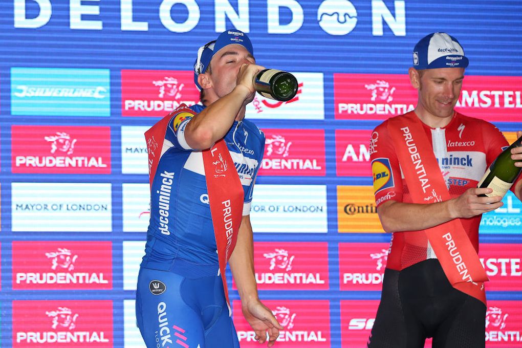 Elia Viviani and Deceuninck-QuickStep teammate Michael Morkov on the RideLondon podium after finishing first and third