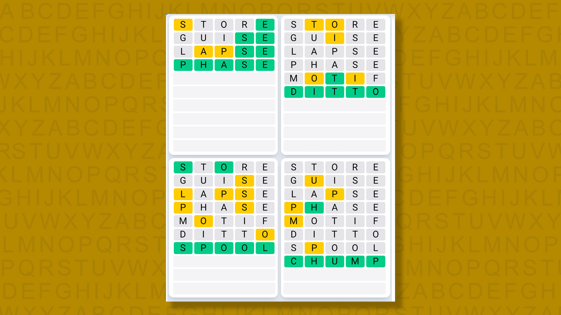 Quordle Daily Sequence answers for game 1408 on a yellow background