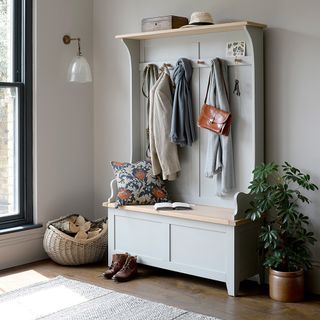 freestanding boot room storage bench and hooks