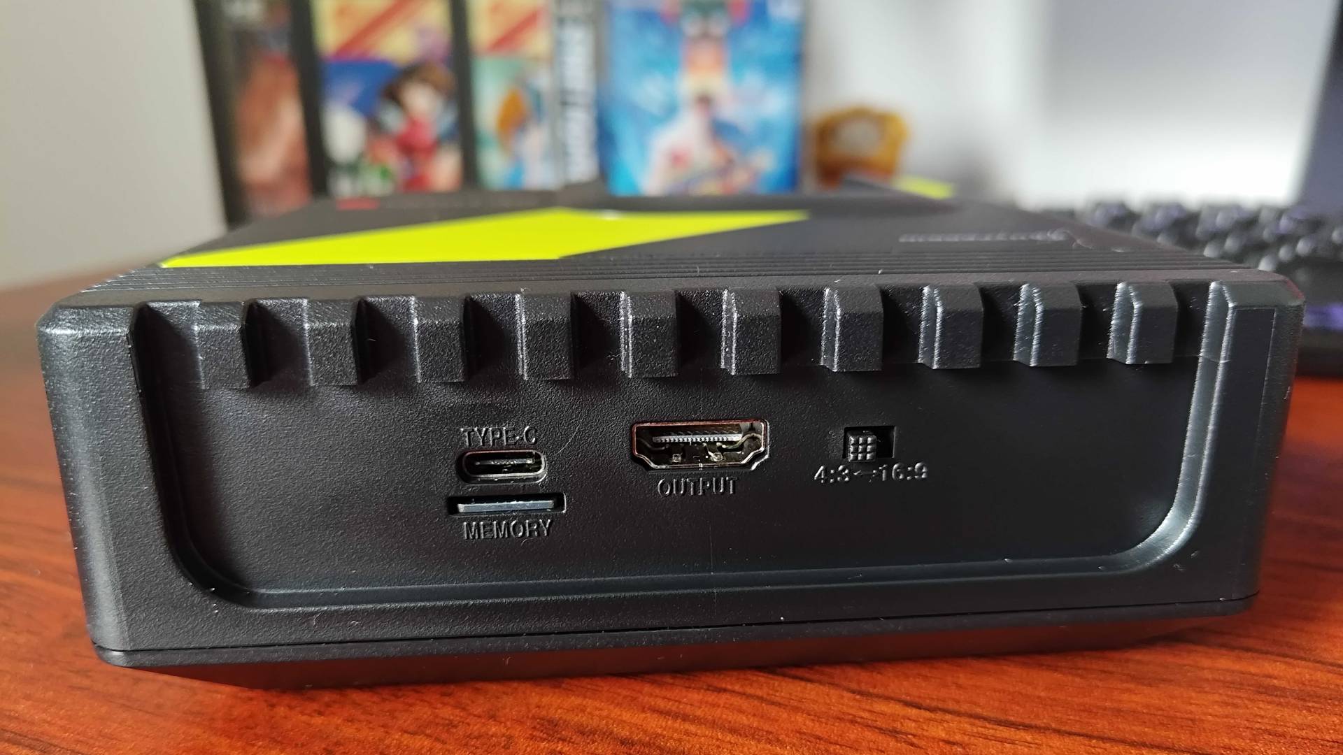 Hyperkin Retron GX HDMI, USB-C, microSD card lot, and aspect ratio switch at back of console.