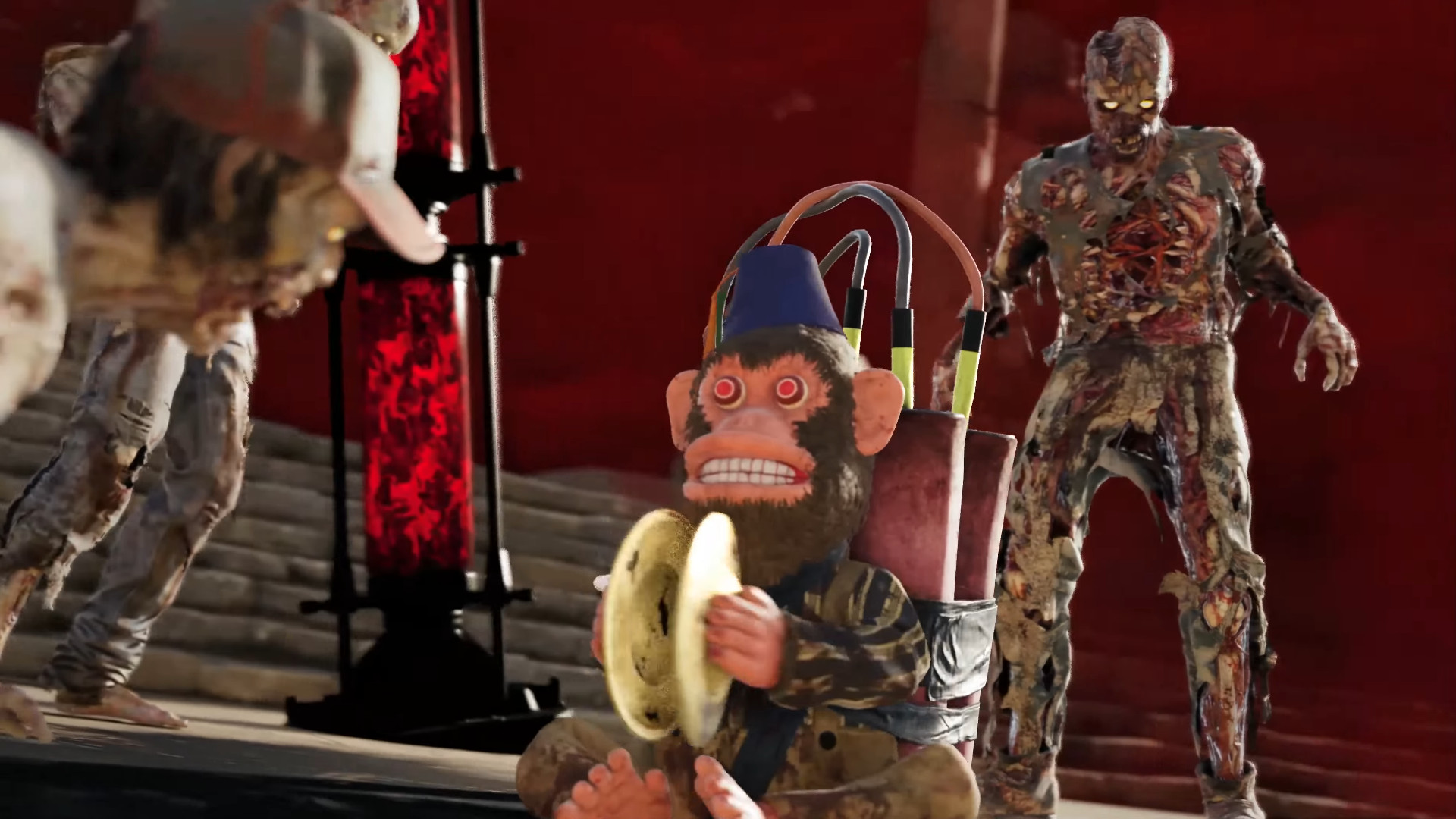 A toy monkey with dynamite attached is surrounded by zombies in Call of Duty: Warzone's Black Ops Royale mode