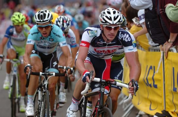 Tony Martin (Omega Pharma-Quickstep) feels the pain cause by Jurgen Van Den Broeck (Lotto-Belisol) during stage one of the Tour in Seraing