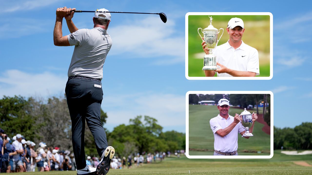 Lucas Glover after hitting a driver off the tee, with inset images of him with the US Open trophy and the Wyndham Championship trophy