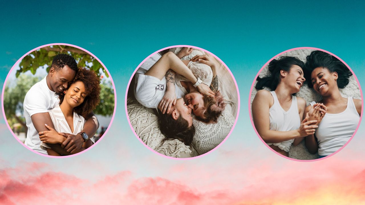 three happy couples smiling and embracing on a sunset sky background ,what girlfriend type are you