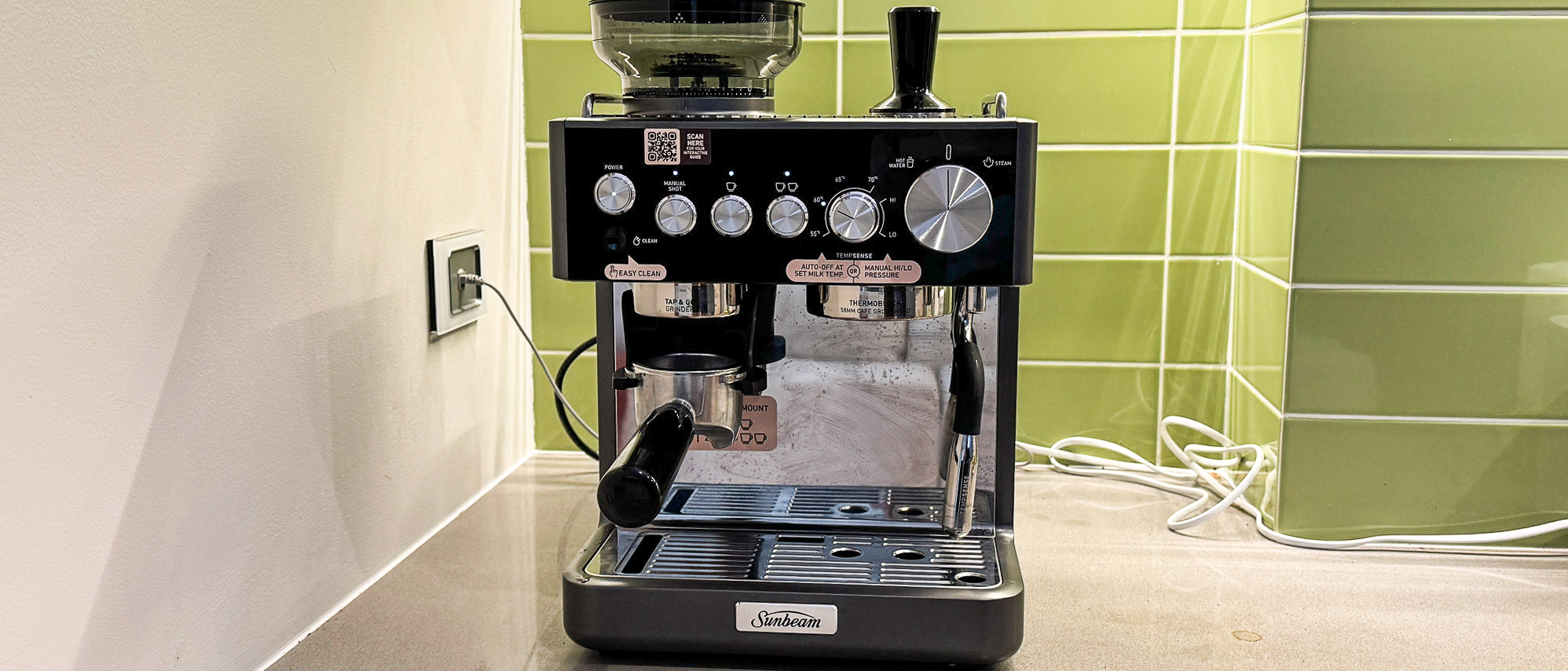 Sunbeam Origins Sense espresso machine on a kitchen counter