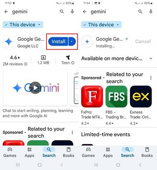 images of Google Play and downloading the Gemini app.